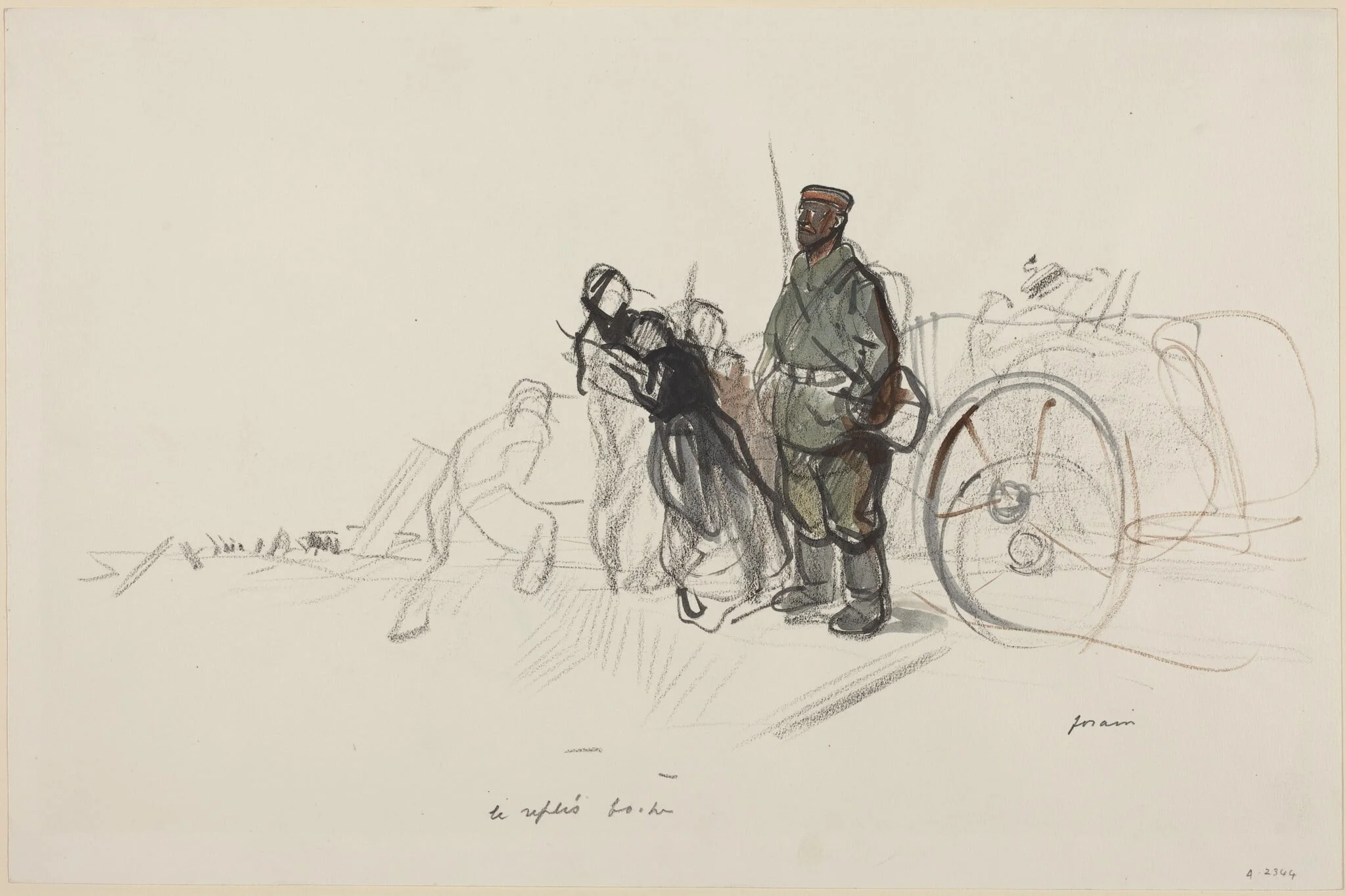 a) Le replis boche (recto); b) Sketch for the Figure of the German (verso), by Jean-Louis Forain, watercolor, 1916