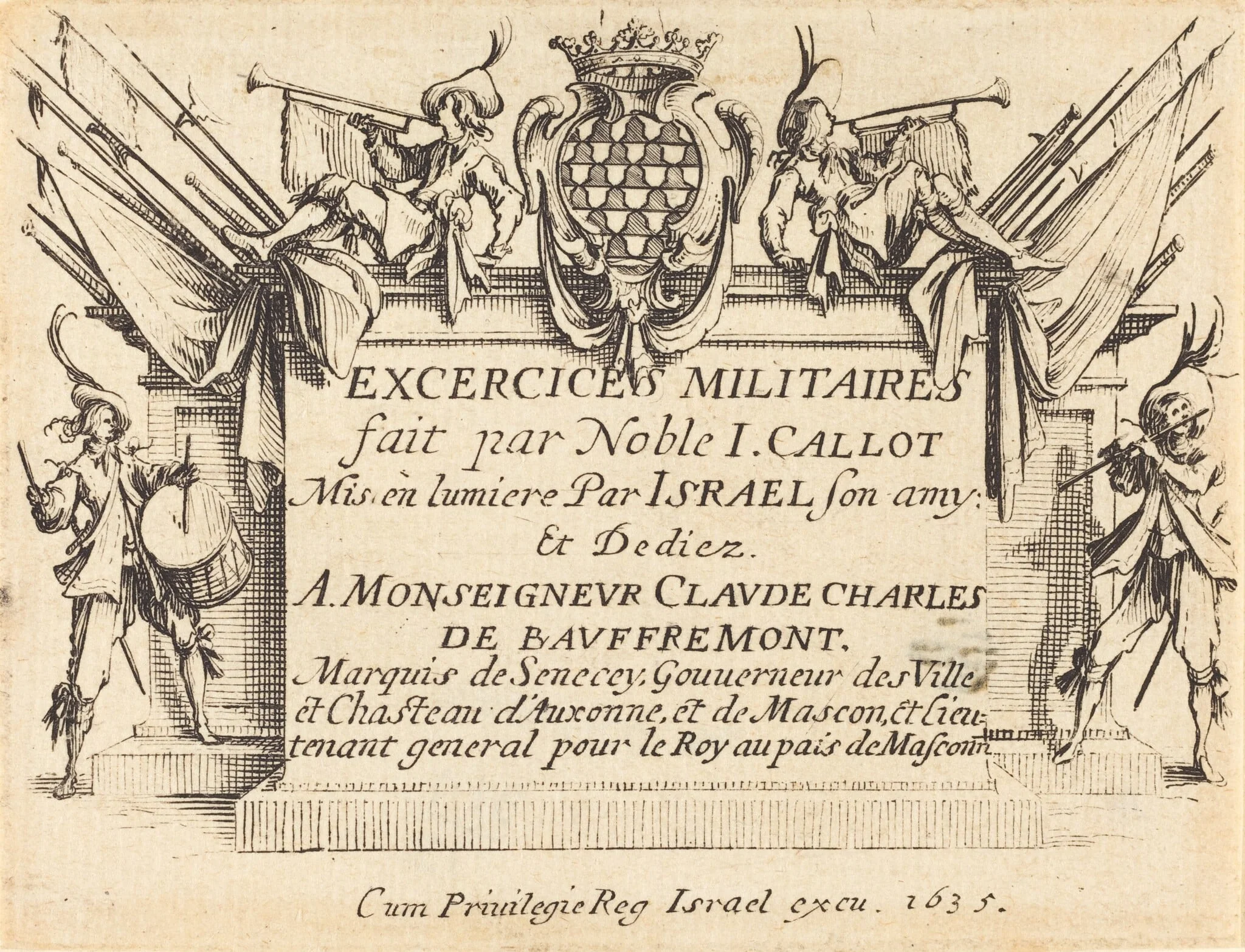 Title Page for "The Military Exercises", by Jacques Callot, ink, 1634