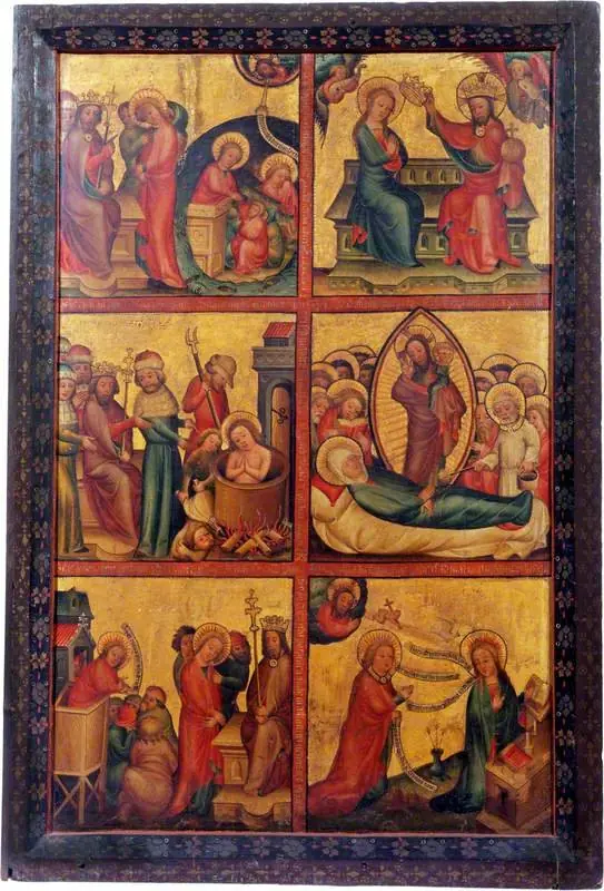 3 Scenes from the Life of Saint John the Evangelist; 3 Scenes from the Life of the Virgin (triptych altarpiece, left wing, outer)