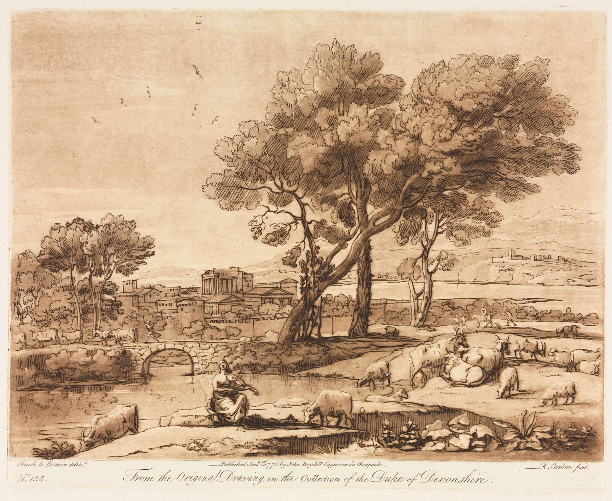 Liber Veritatis:  No. 135, A Landscape, with Buildings, Mercury Stealing Admetuss' Cattle from Apollo, by Richard Earlom, 1776