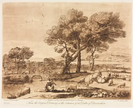 Liber Veritatis:  No. 135, A Landscape, with Buildings, Mercury Stealing Admetuss' Cattle from Apollo