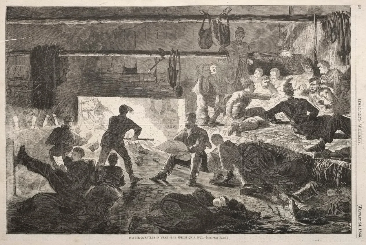 Winter Quarters in Camp - The Inside of a Hut, by Winslow Homer, 1863