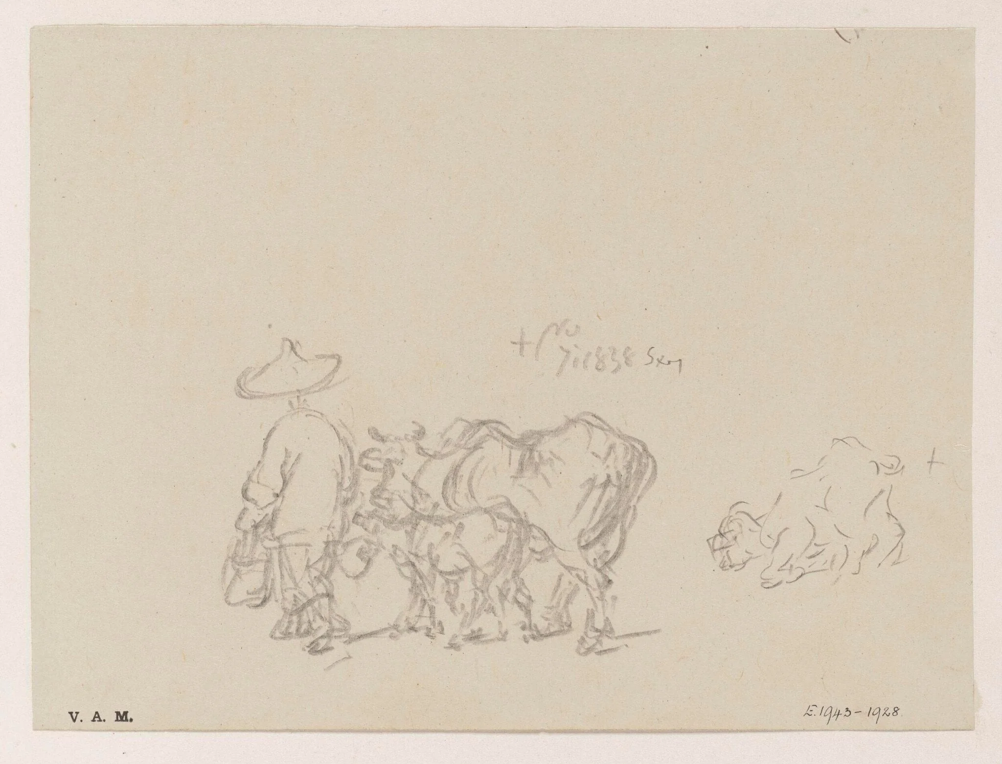 A figure leading a cow and calf, and a kneeling goat, by George Chinnery, 6