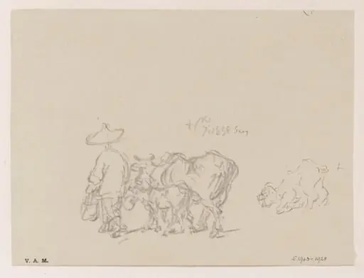 A figure leading a cow and calf, and a kneeling goat