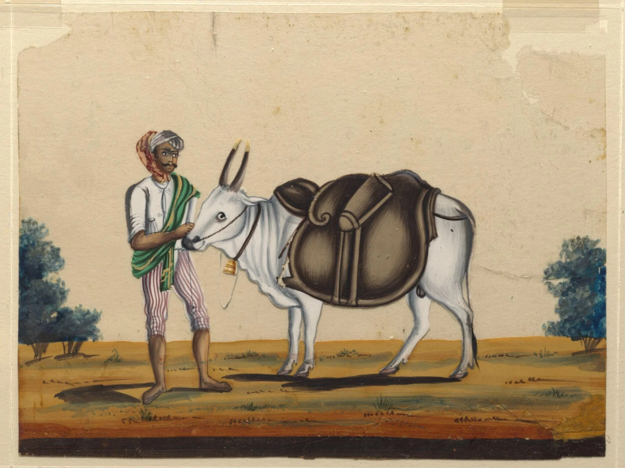 A bullock carrying a leather mussack with a driver, by Unknown, paint, 1860