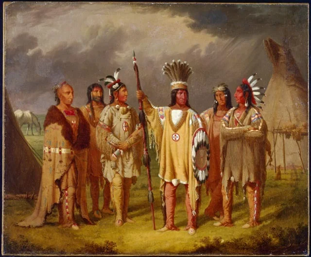 Big Snake, Chief of the Blackfoot Indians, Recounting his War Exploits to Five Subordinate Chiefs, by Paul Kane, oil, 1850