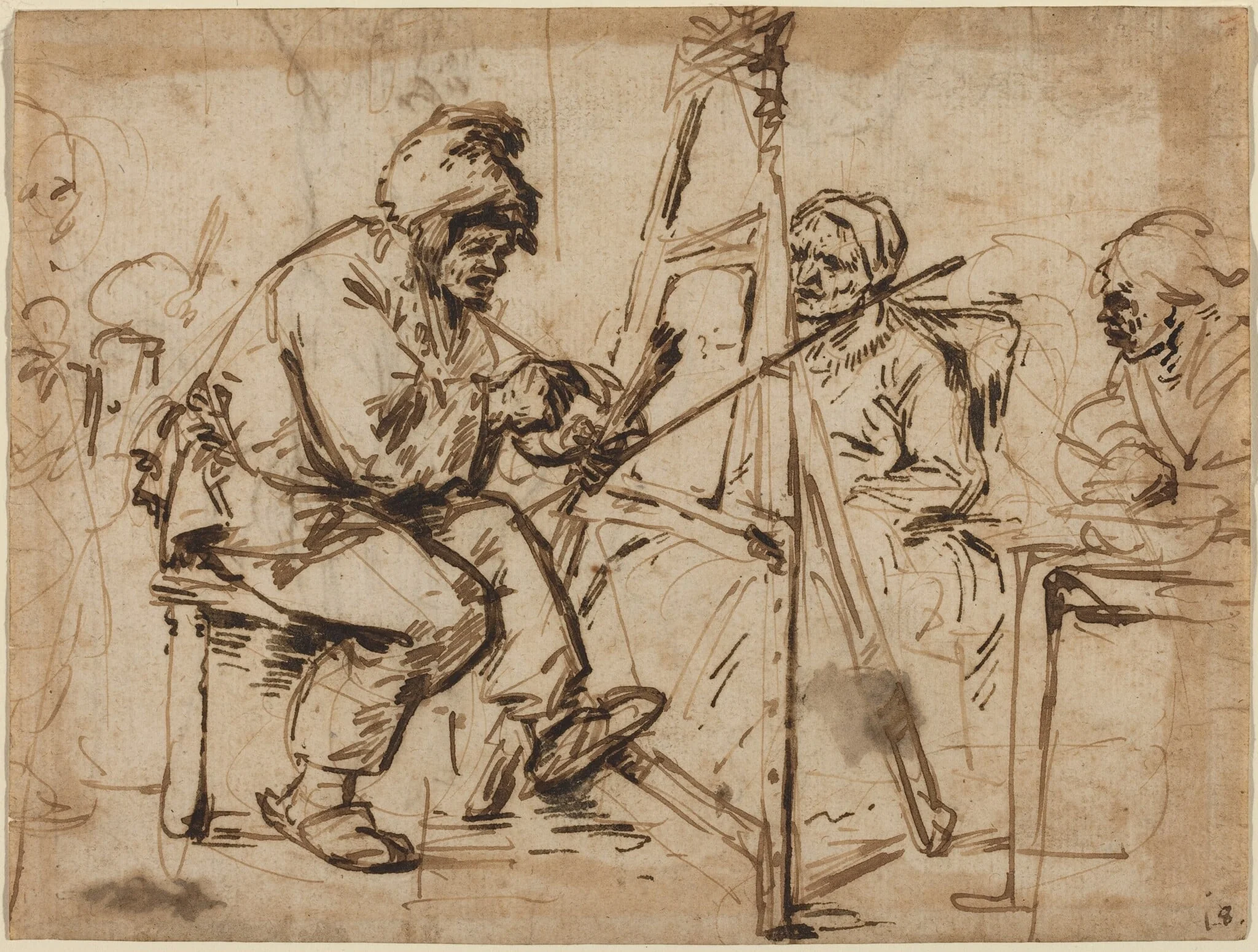 An Artist Seated at His Easel [recto], by Andries Both, ink, 1634
