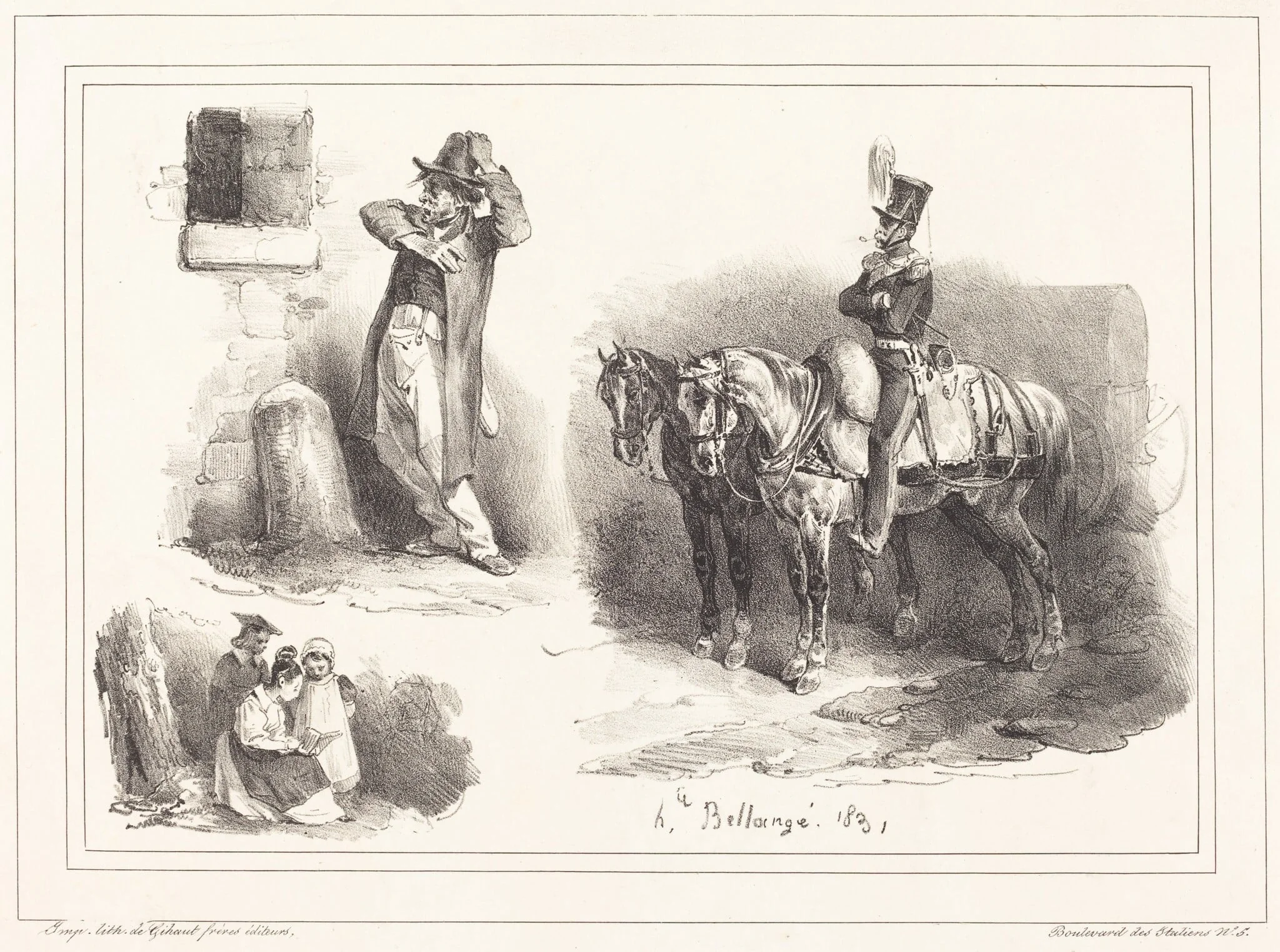 Three Vignettes, by Hippolyte Bellangé, ink, 1830