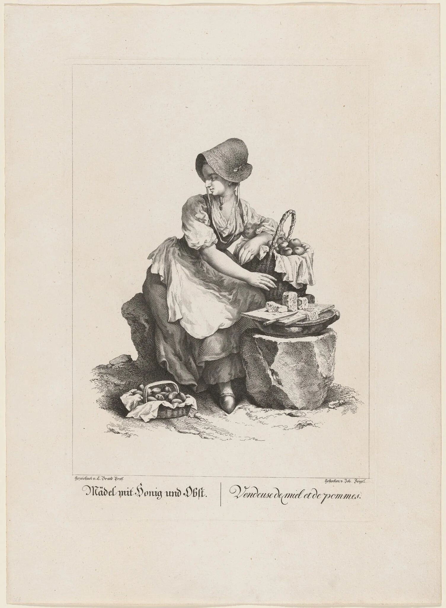 Mädel mit Honig und Obst (Girl Selling Honey and Fruit), by Johann Feigel, ink, 1775
