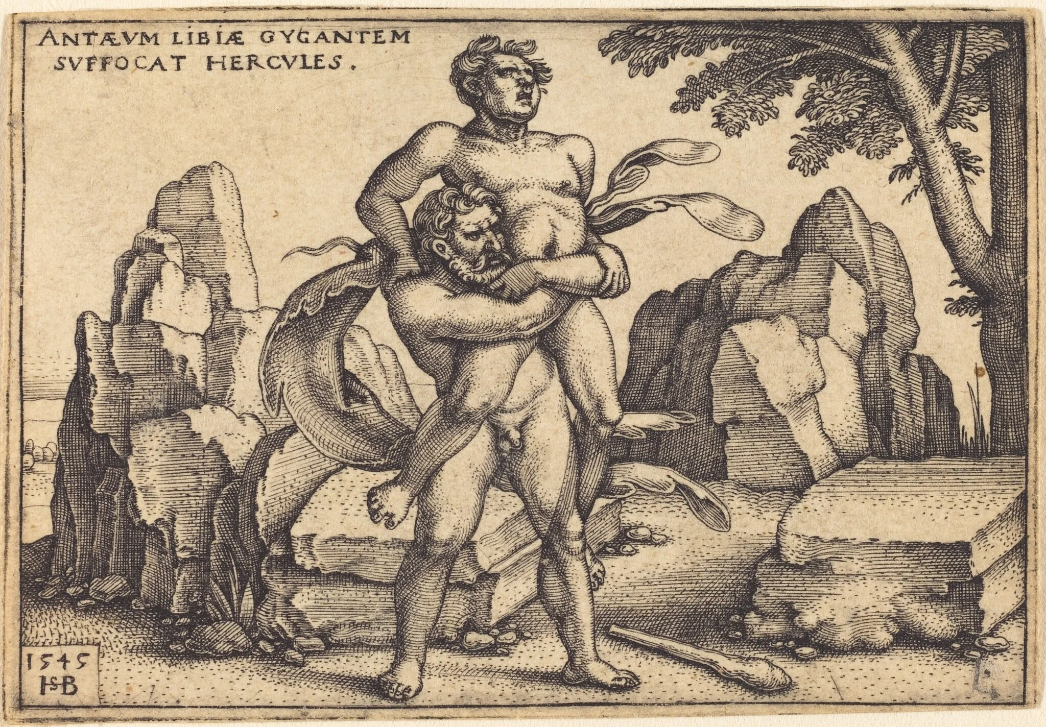 Hercules Killing Antaeus, by Sebald Beham, ink, 1545