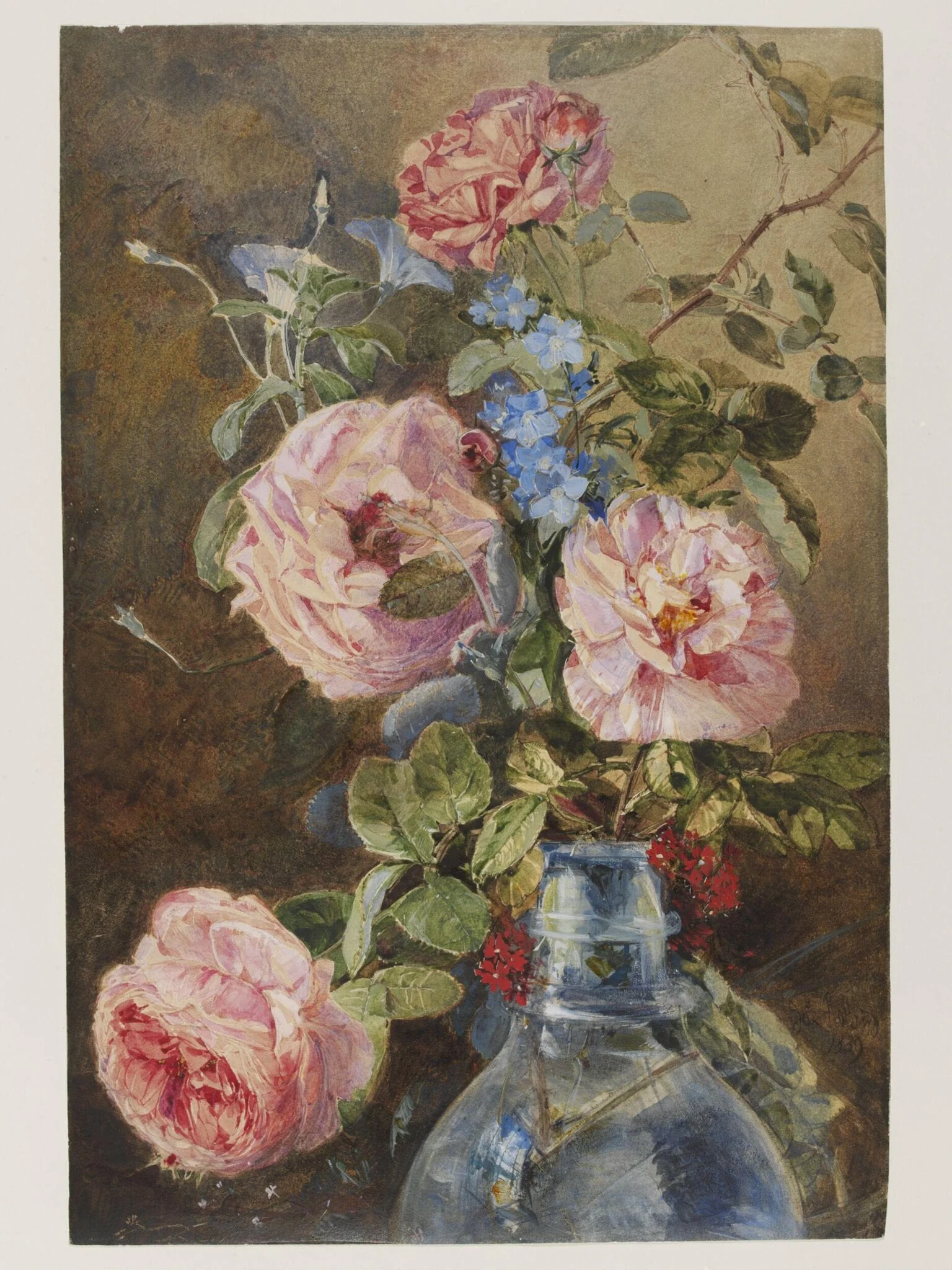 Roses, Convolvulus and Delphiniums in a Glass Vase