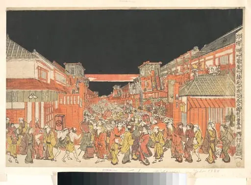 川豊春画　「浮絵境町葺屋町顔見世夜芝居之図」|Perspective Print (Uki-e) of the Theaters in Sakaichō and Fukiyachō on Opening Night