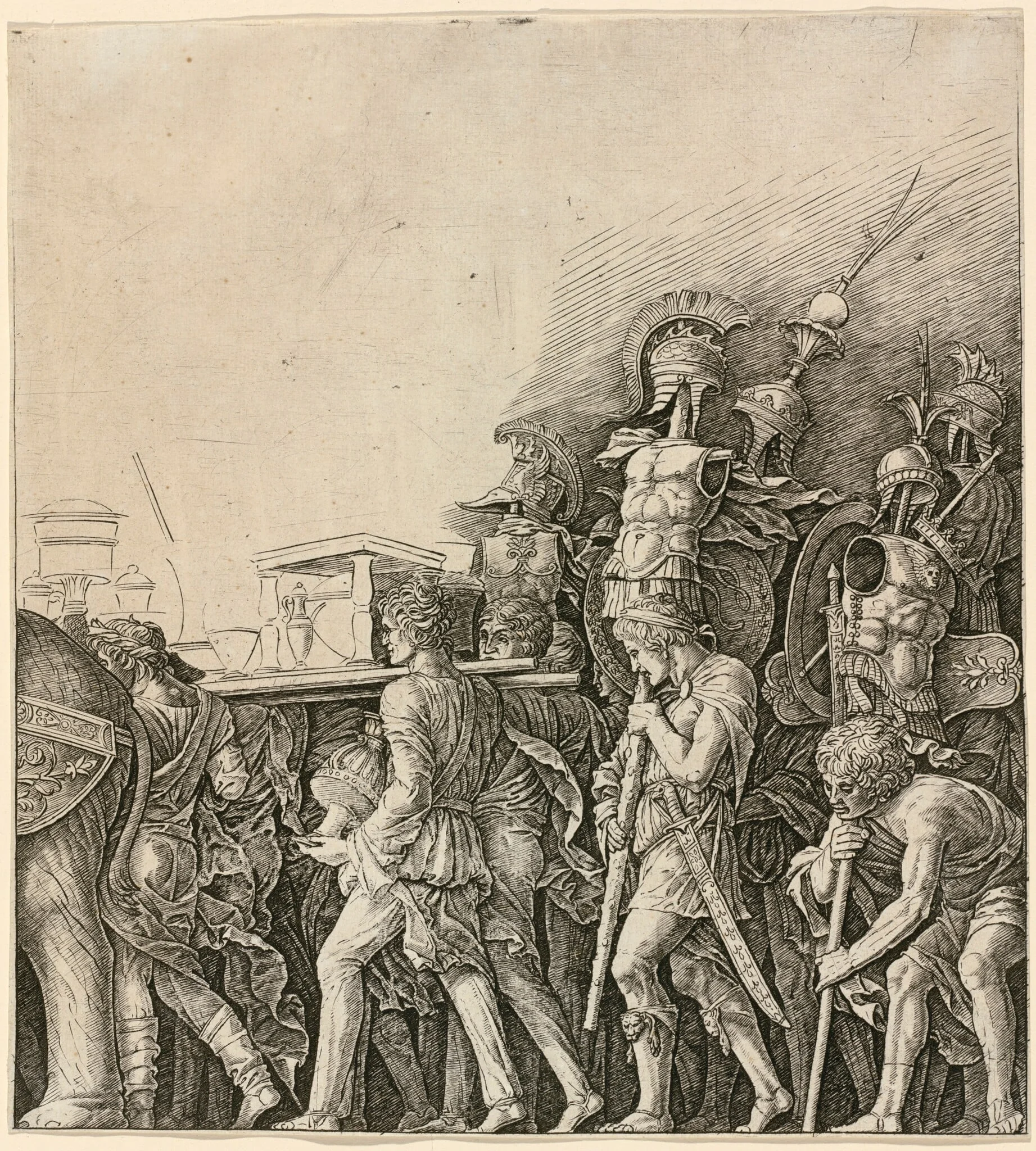 The Triumph of Caesar: Soldiers Carrying Trophies, by Andrea Mantegna, ink, 1498