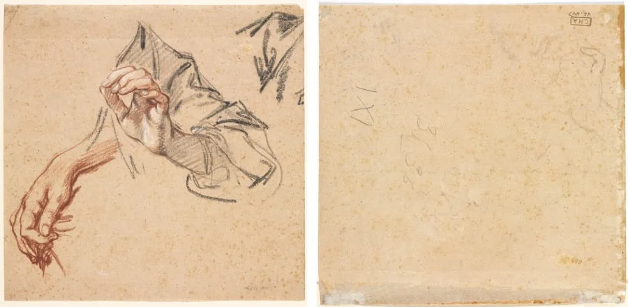 Study of Hands (recto); Sketch of a Hand (verso), by Pierre L'Enfant, 1704
