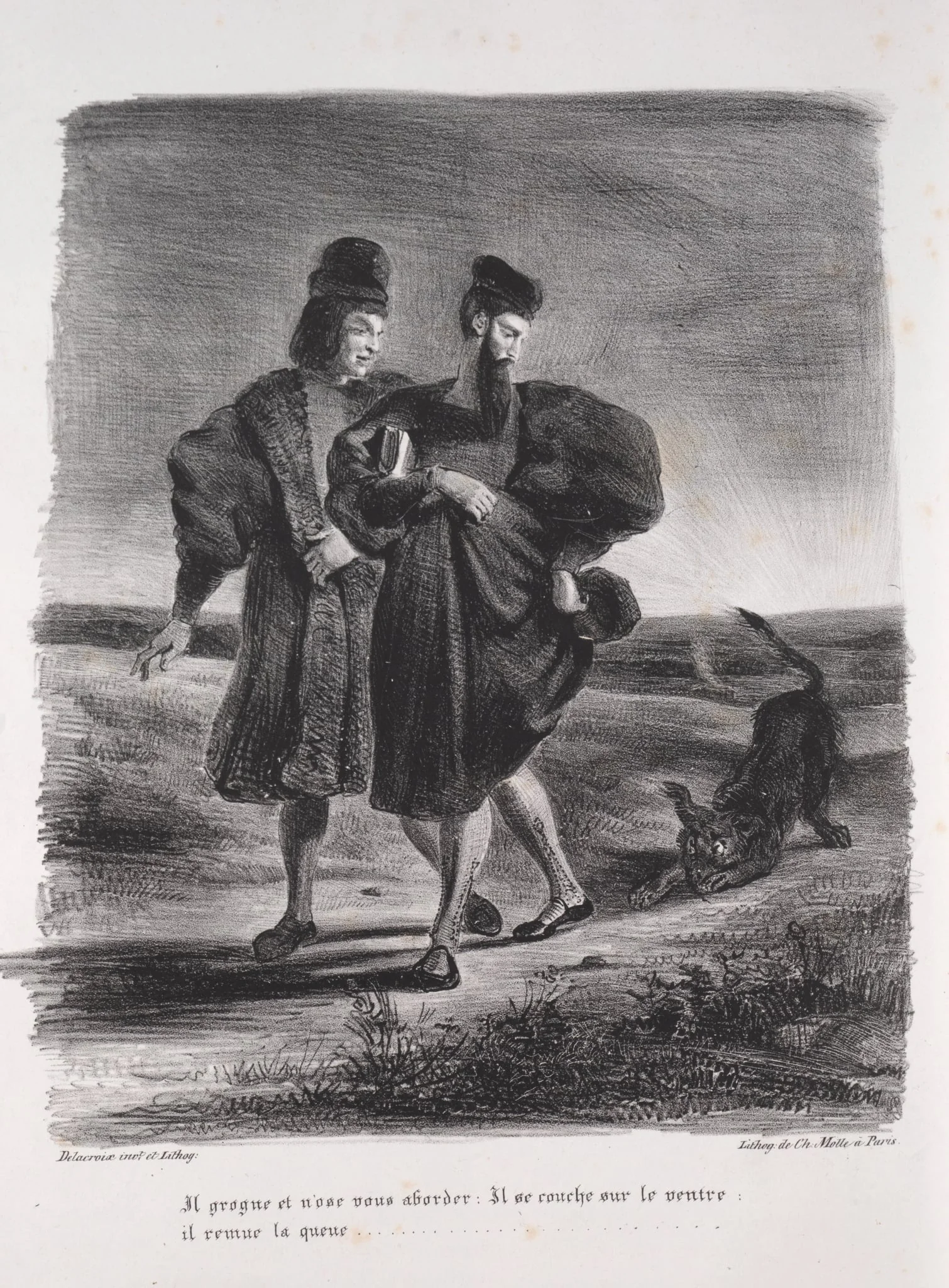 Illustrations for Faust: Faust, Méphistophélé and the barbet, by Eugène Delacroix, 1828