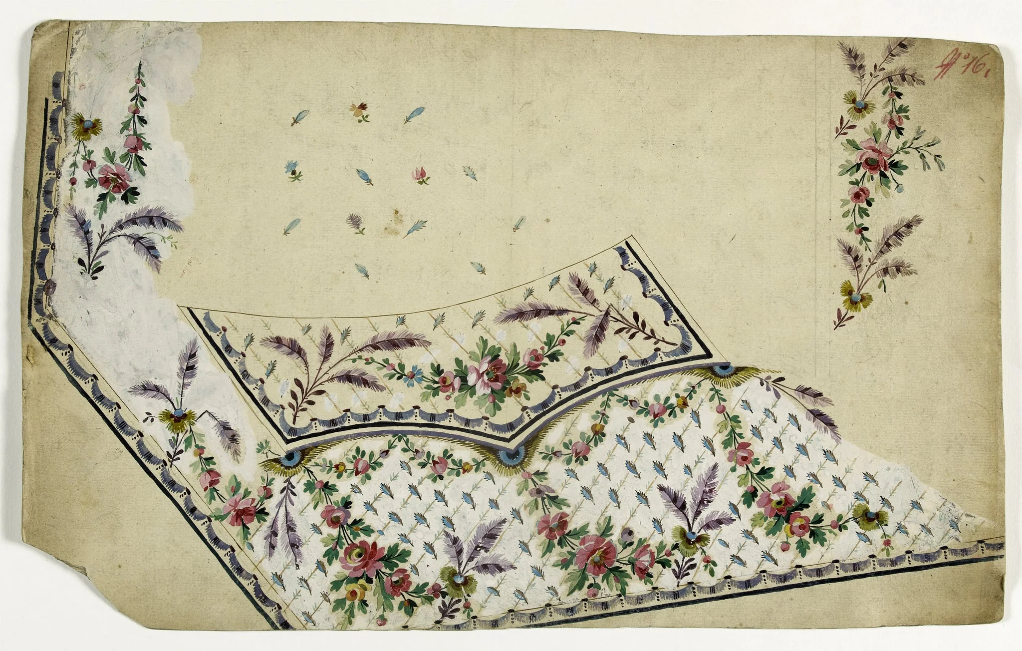 Gilet aux plumes mauves, au verso inversé gilet aux fleurs en forme de flèches, projets de broderies de gilet, XVIIIème siècle, by Anonyme, 1750