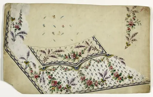 Gilet aux plumes mauves, au verso inversé gilet aux fleurs en forme de flèches, projets de broderies de gilet, XVIIIème siècle