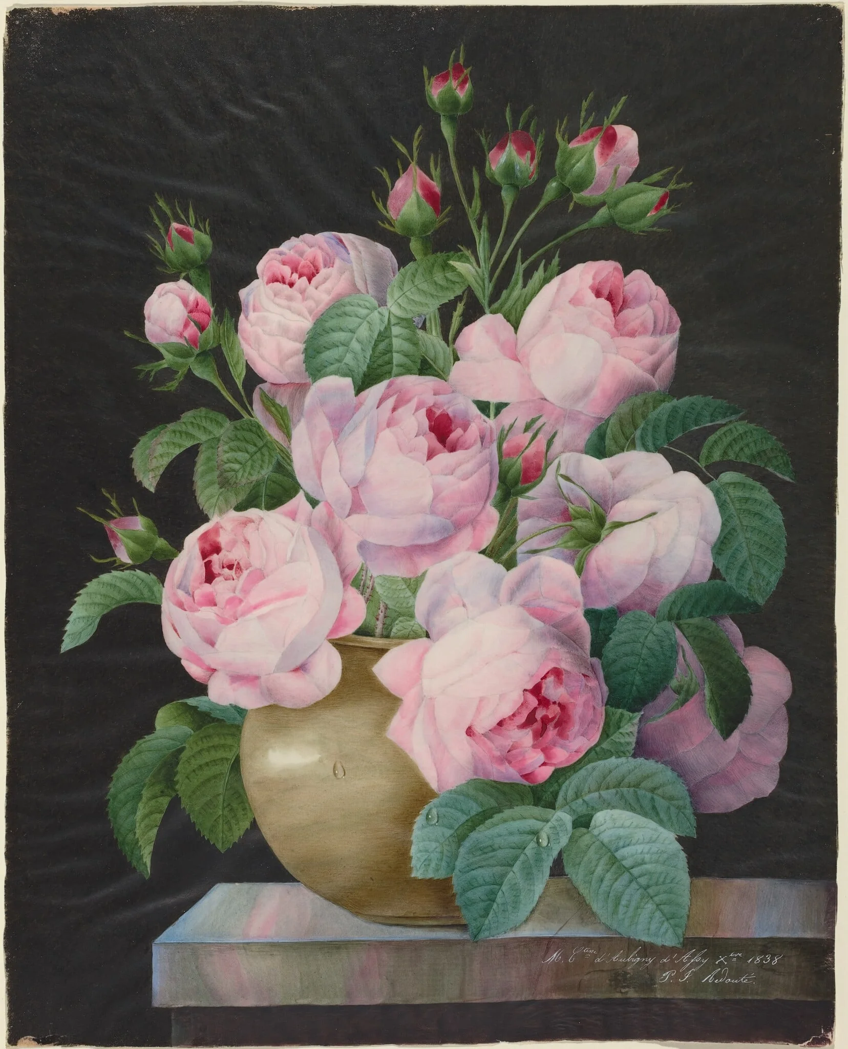 Pink Roses in a Vase, by Pierre Joseph Redouté, gouache, 1838