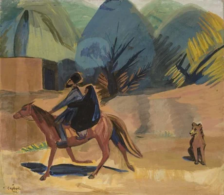 Man and woman on a horse, by Martiros Saryan, tempera, 1912
