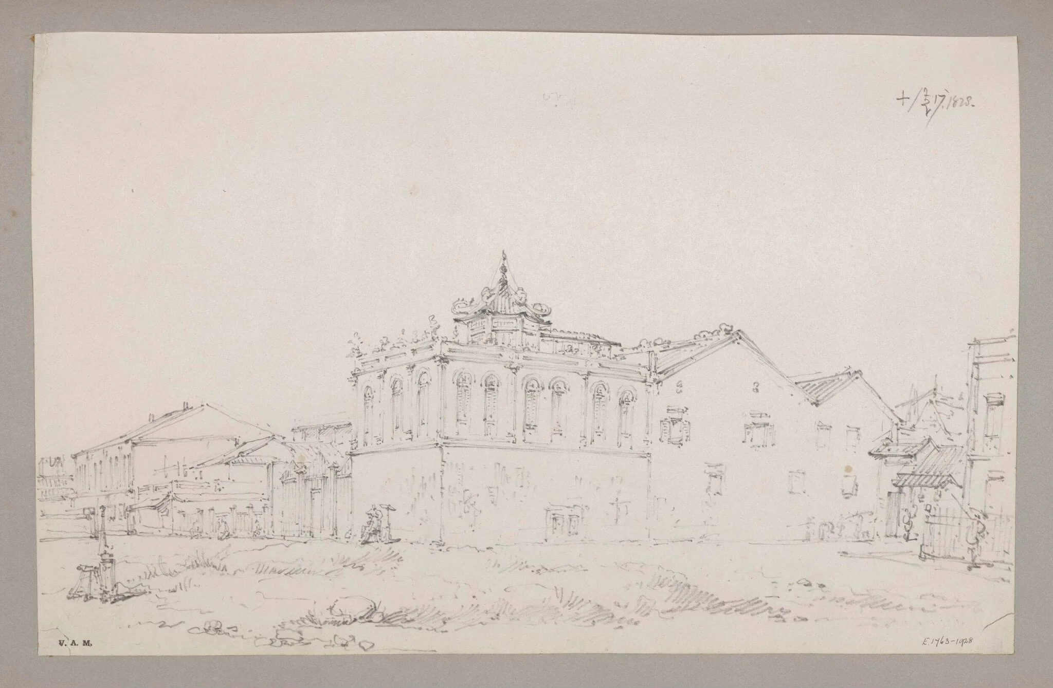 Chinqua's house, with entrance to China Street, Canton, by George Chinnery, 13