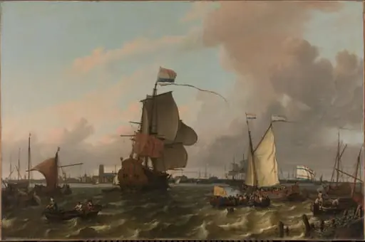 Het oorlogsschip Brielle op de Maas voor Rotterdam