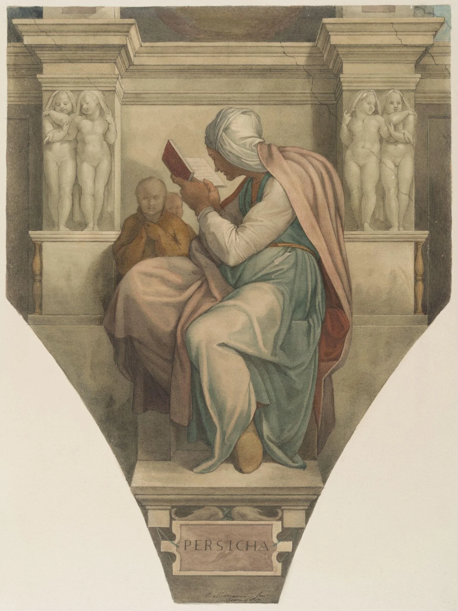 Copy after Michelangelo’s fresco of the ‘Persian Sibyl’ on the Sistine Chapel vault (Sistine Chapel, Rome, 1511-1512)., by Cesari Mariannecci, watercolor, 1867