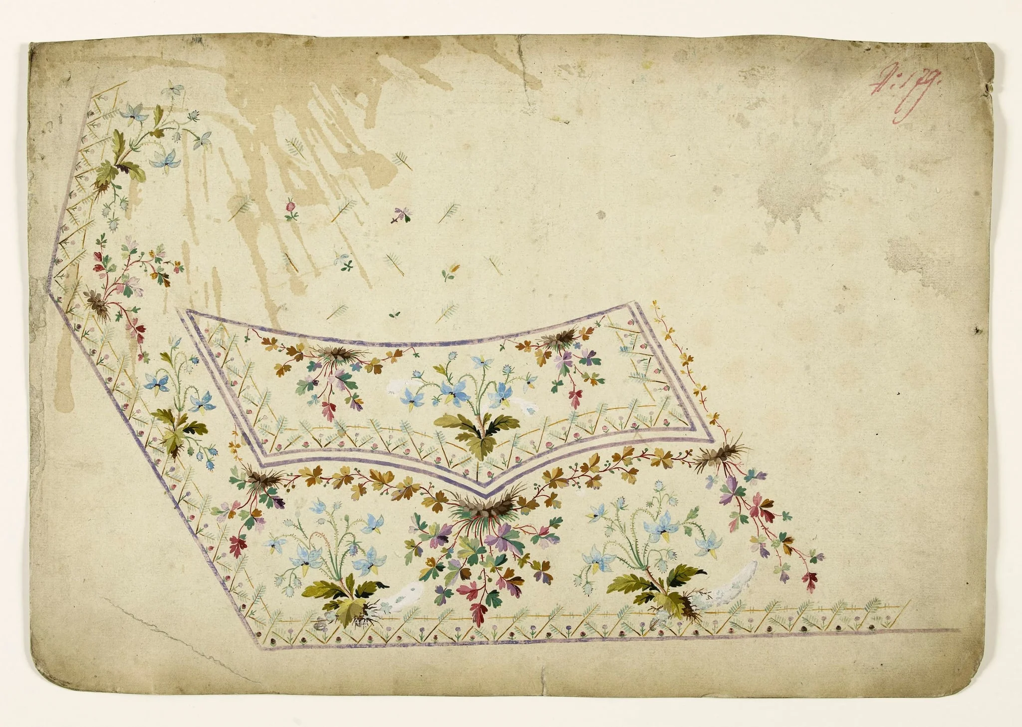 Composition avec bouquets de fleurs sauvages et guirlandes de feuilles d'automne, projets de broderies de gilet, XVIIIème siècle, by Anonyme, 1750