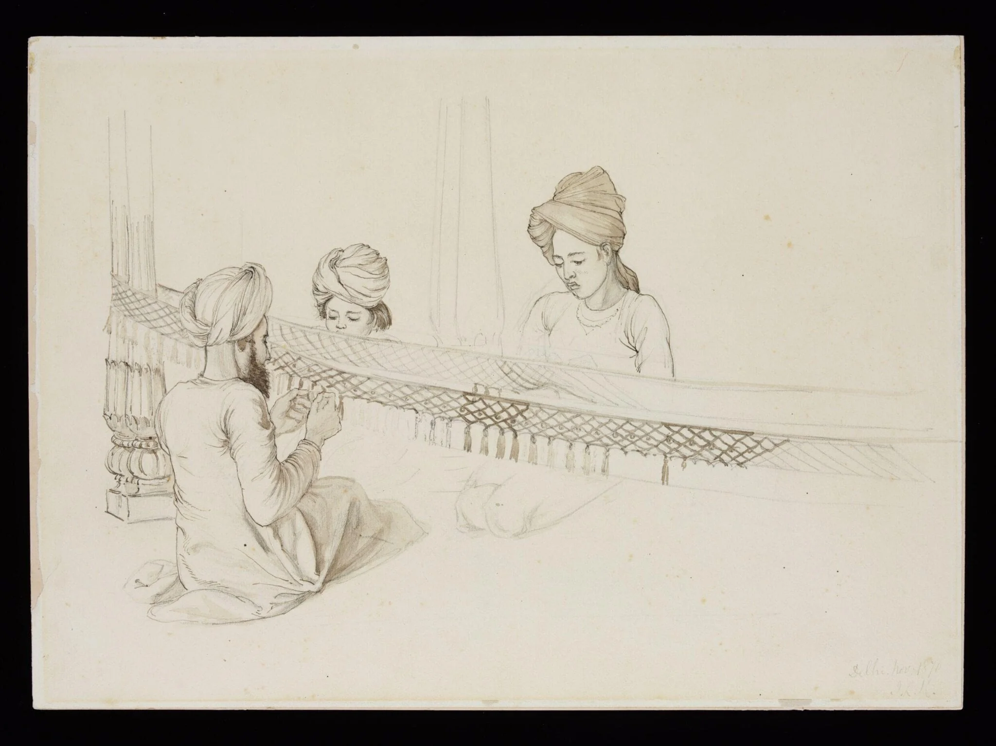 Three boys making a fringe for an elephant decoration, by John Lockwood Kipling, 1870