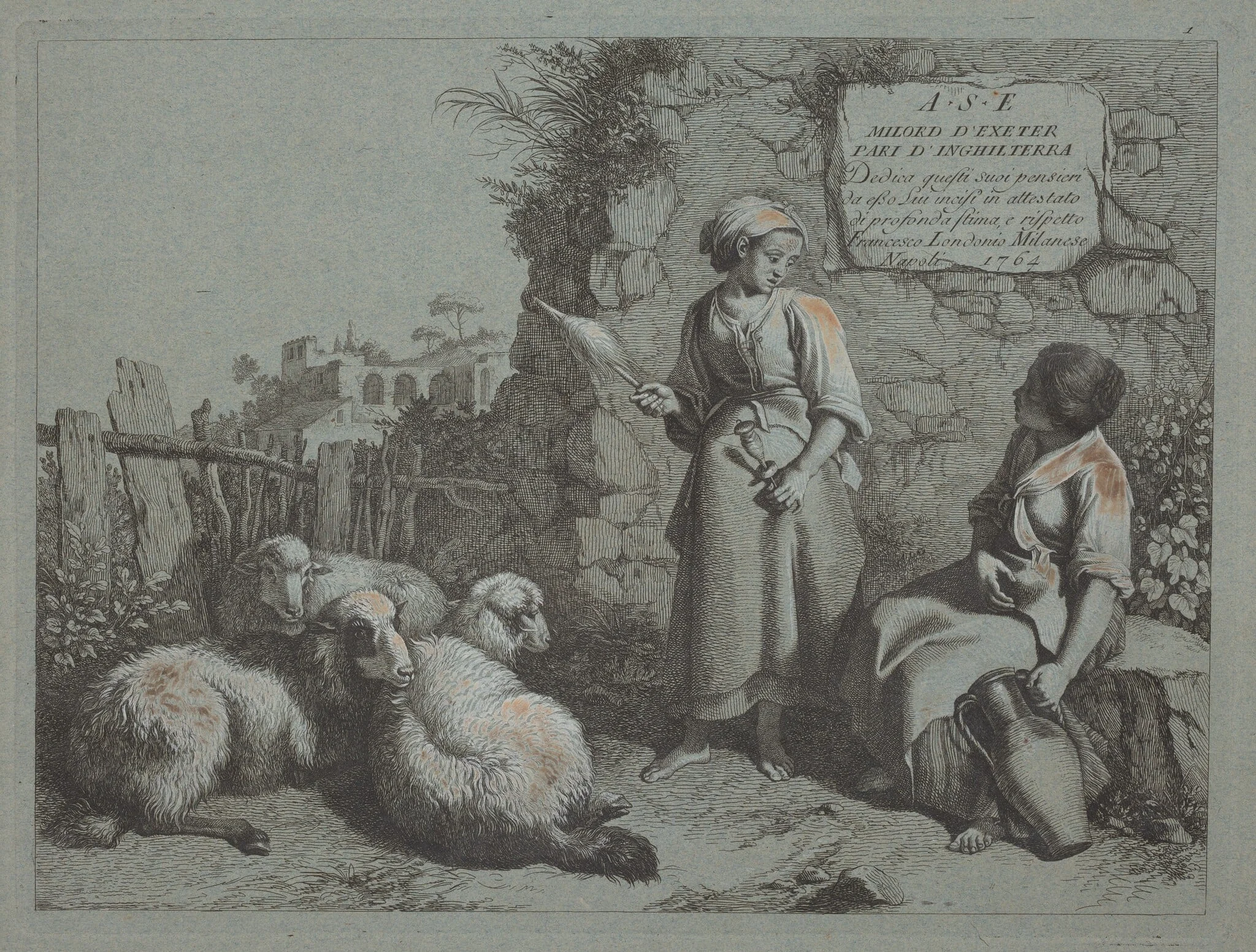 Two Girls Conversing: One Standing and Spinning, by Francesco Londonio, gouache, 1764
