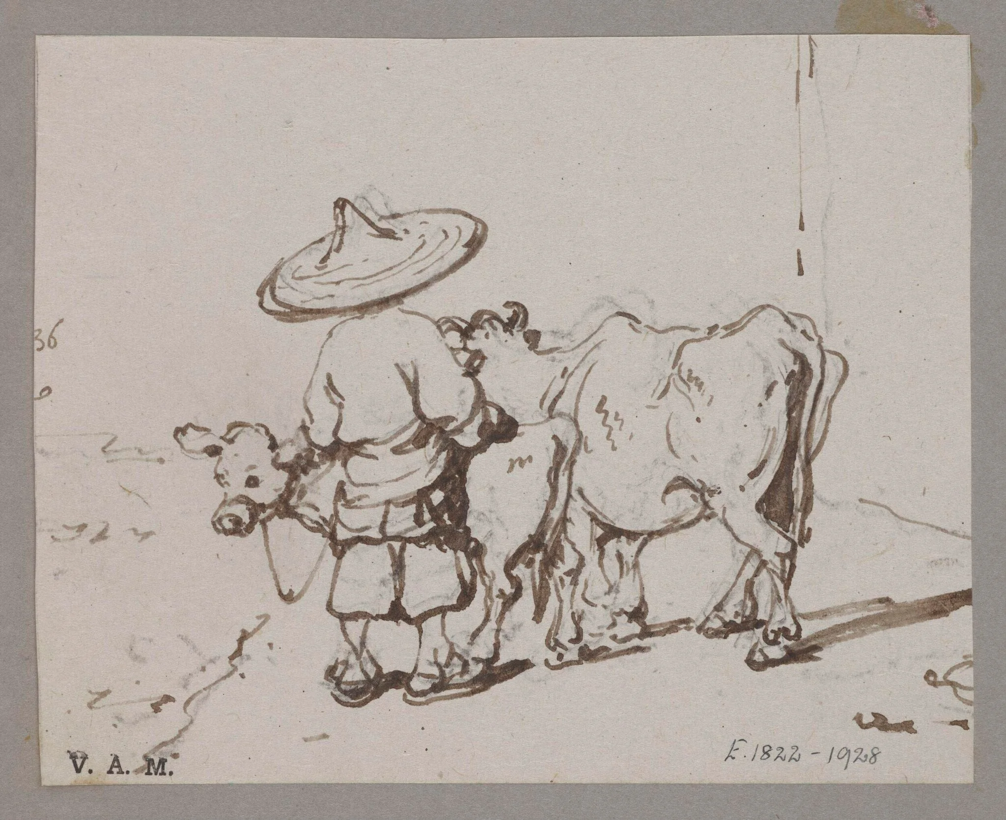 A Chinese figure with a cow and calf, by George Chinnery, 1