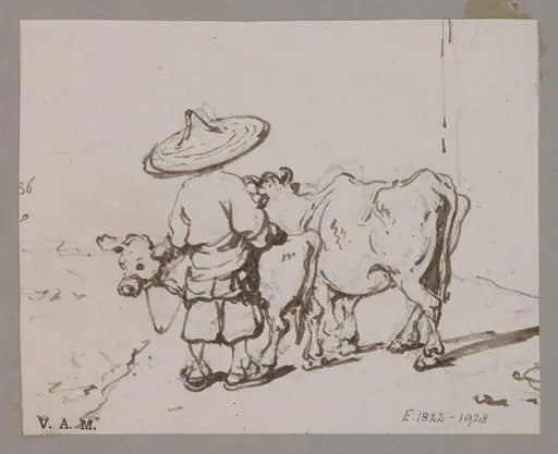 A Chinese figure with a cow and calf