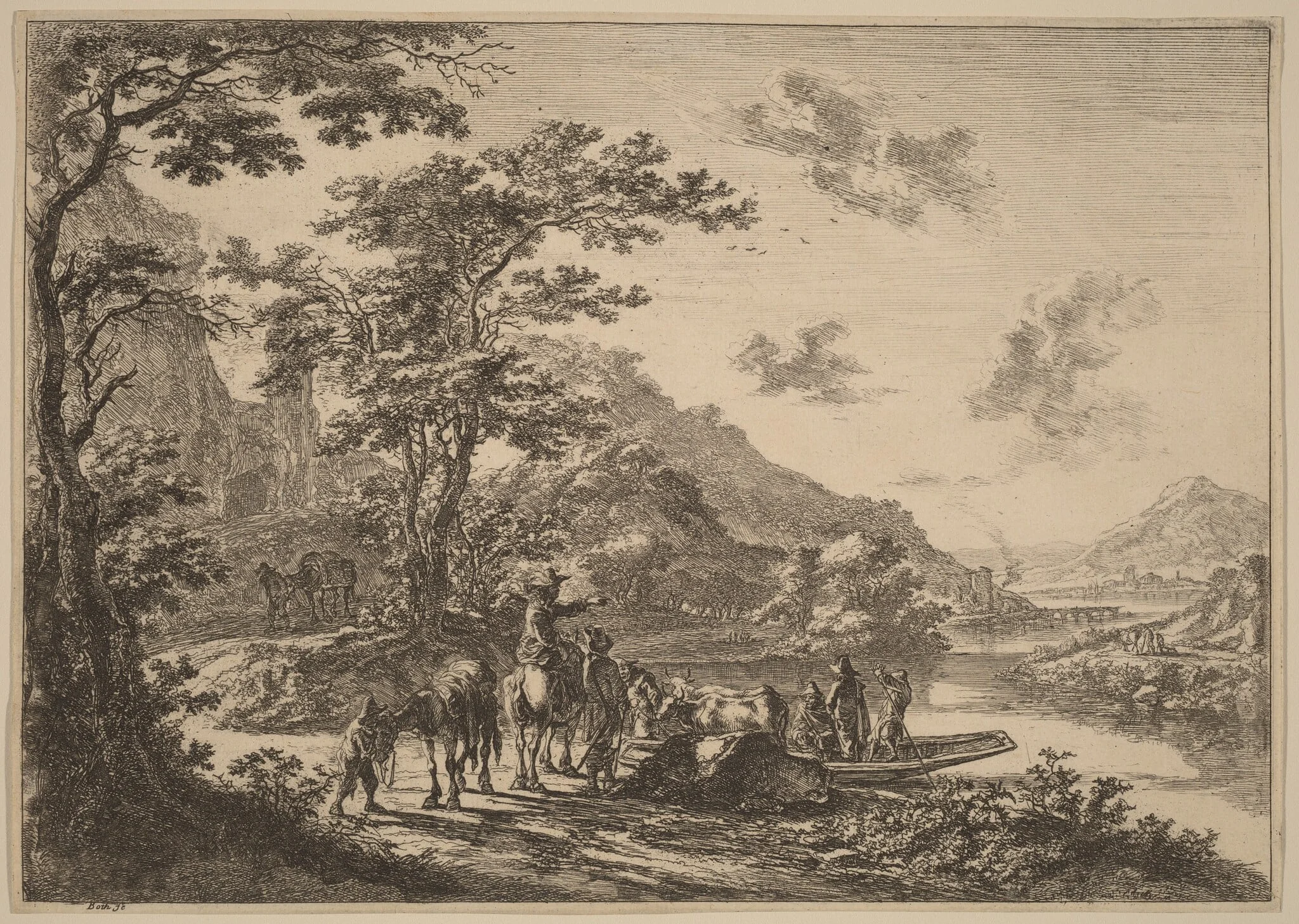 View of the Tiber in the Campagna, by Jan Both, ink, 1700