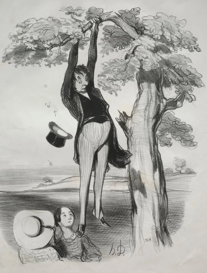 The hazards of shaking a plum tree too vigorously, when one too is mature., by Honoré Daumier, 1845