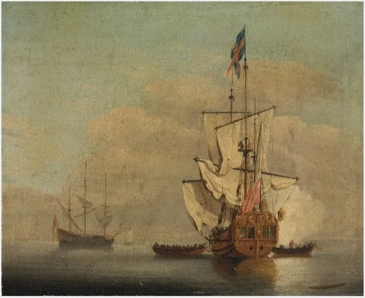 Calm: an English Sixth-rate Ship Firing a Salute, by Willem van de Velde the Younger, oil, 1680