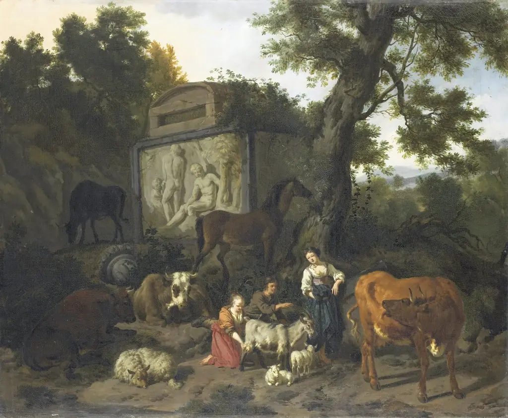 Landscape with herdsmen and cattle near a tomb