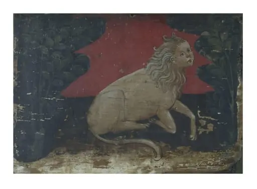 A Human-headed lion in a landscape