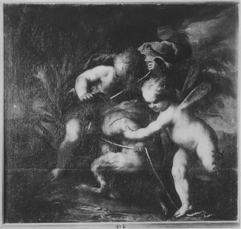 Zwei Eroten fesseln einen jungen Satyr