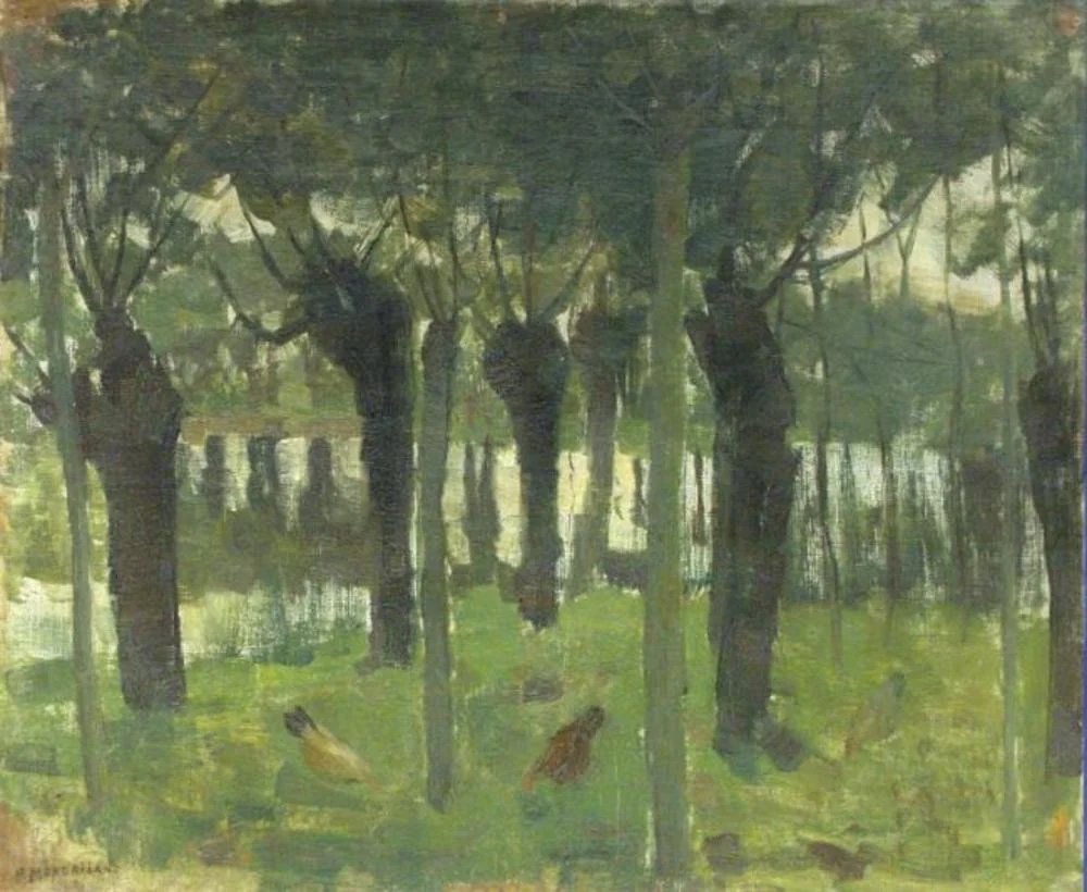 Willow grove near the water with chickens, by Piet Mondrian, oil, 1905