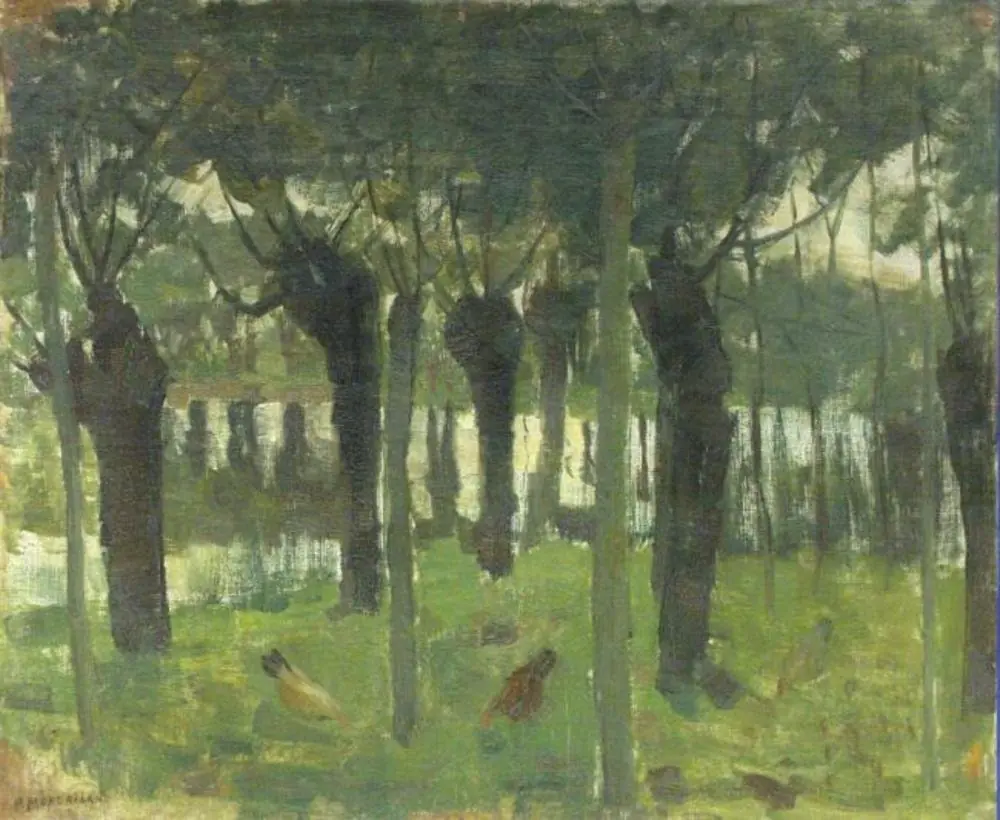 Willow grove near the water with chickens