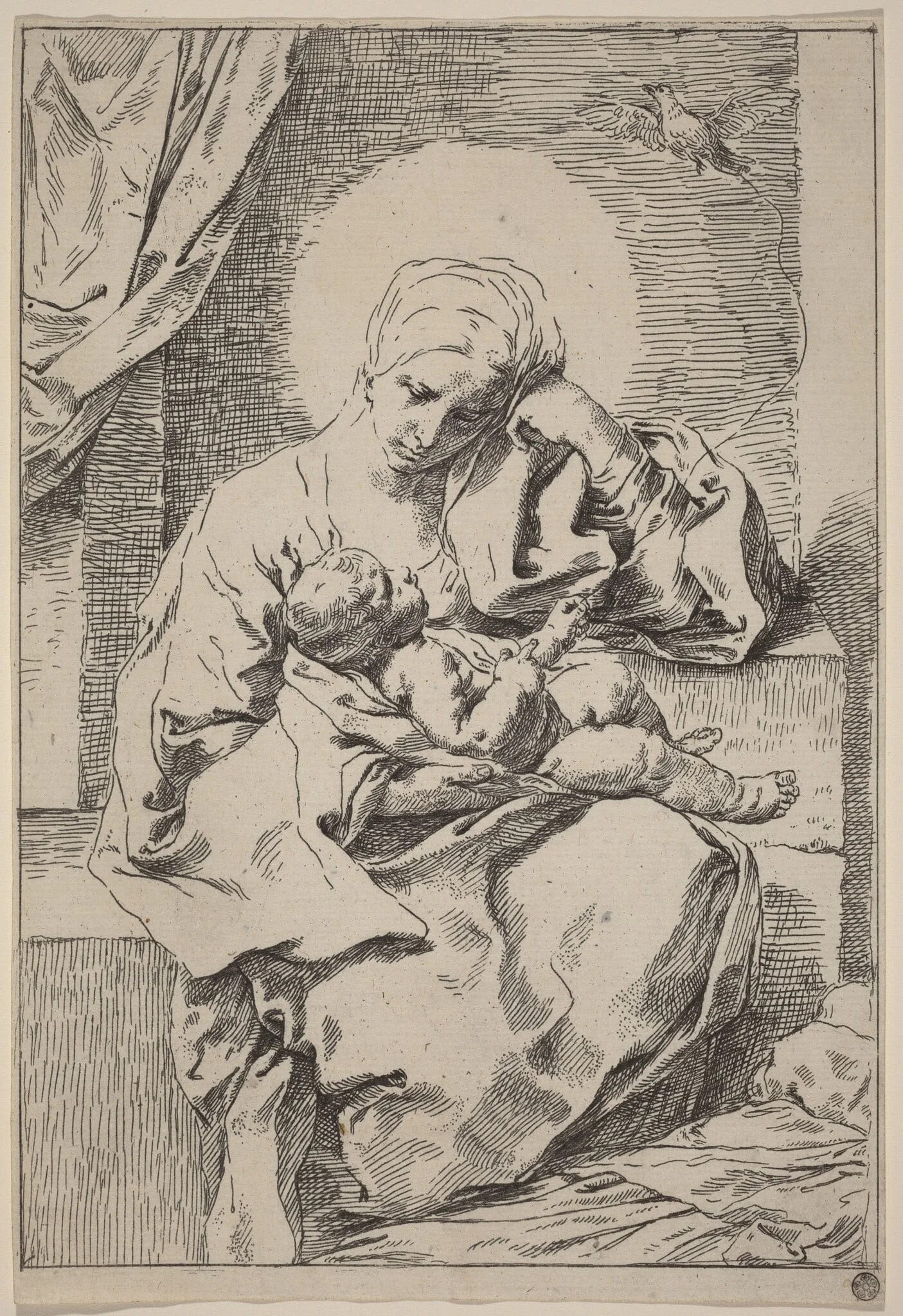 The Virgin and Child with a Bird, by Simone Cantarini, ink, 1639