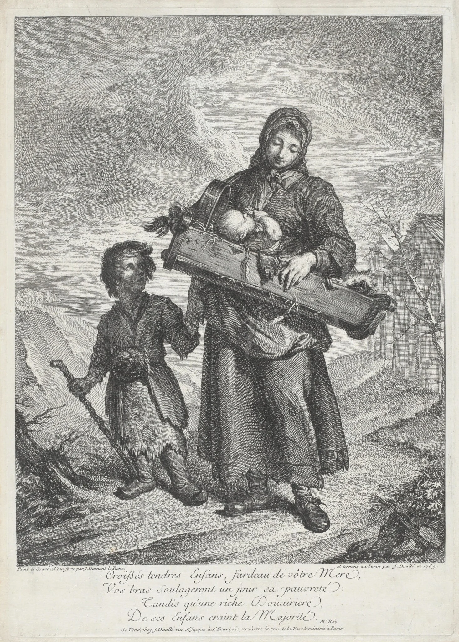 A Young Mother Carrying a Crib, by Jacques Dumont, ink, 1739