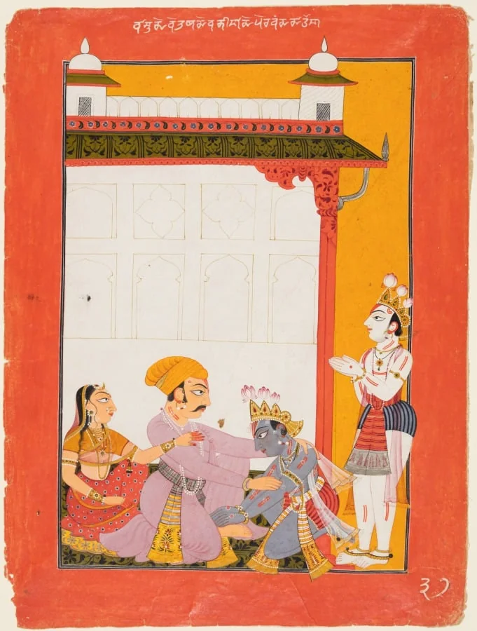 Krishna and Balarama touching the feet of Vasudeva and Devaki, from the “Vertical” Bhagavata Purana, by Unknown, unspecified, 1712