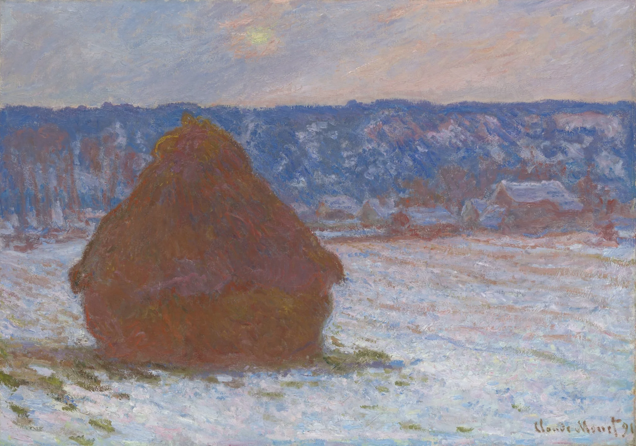 Stack of Wheat (Snow Effect, Overcast Day), by Claude Monet, oil, 1890