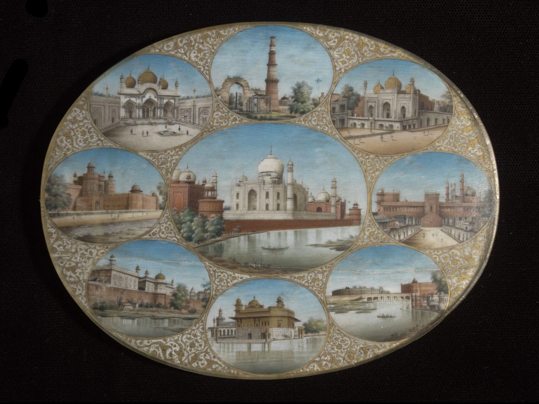 The Taj Mahal, Agra, in a gilt frame surrounded by eight smaller views., by Unknown, paint, 1850