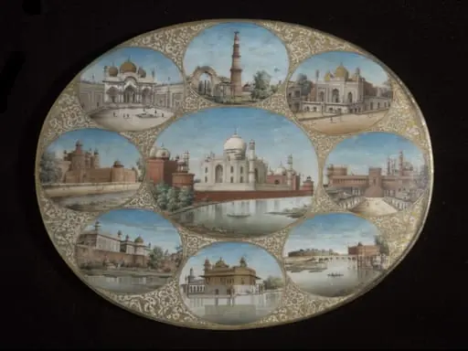 The Taj Mahal, Agra, in a gilt frame surrounded by eight smaller views.