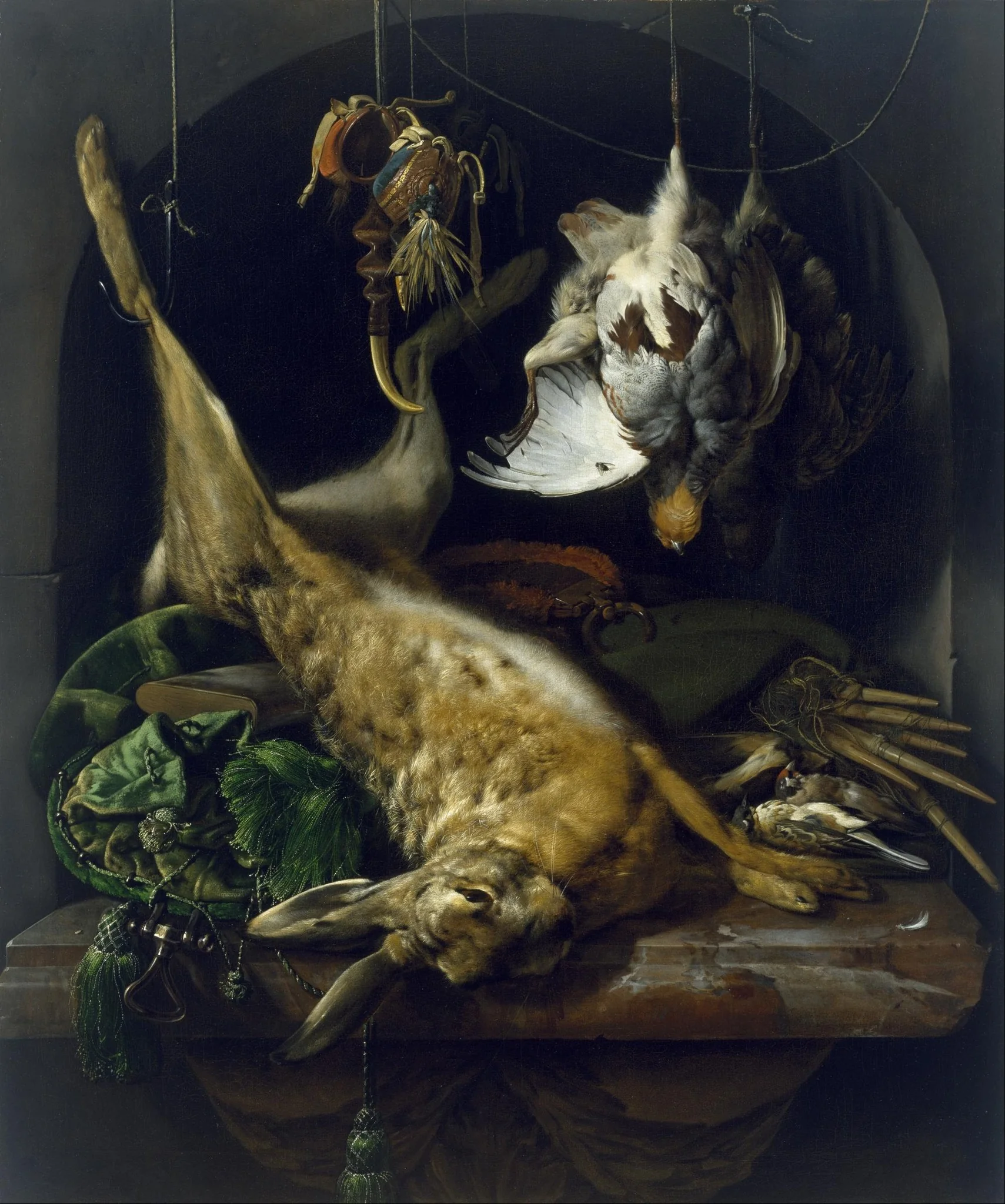 Still Life of a Dead Hare, Partridges, and Other Birds in a Niche, by Jan Weenix, oil, 1675