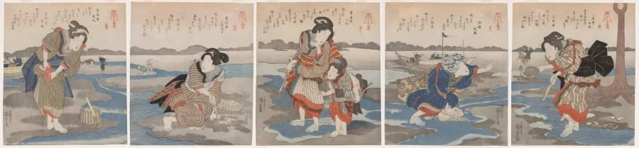 A Low Tide Pentaptych, by Utagawa Kuniyoshi, 1830