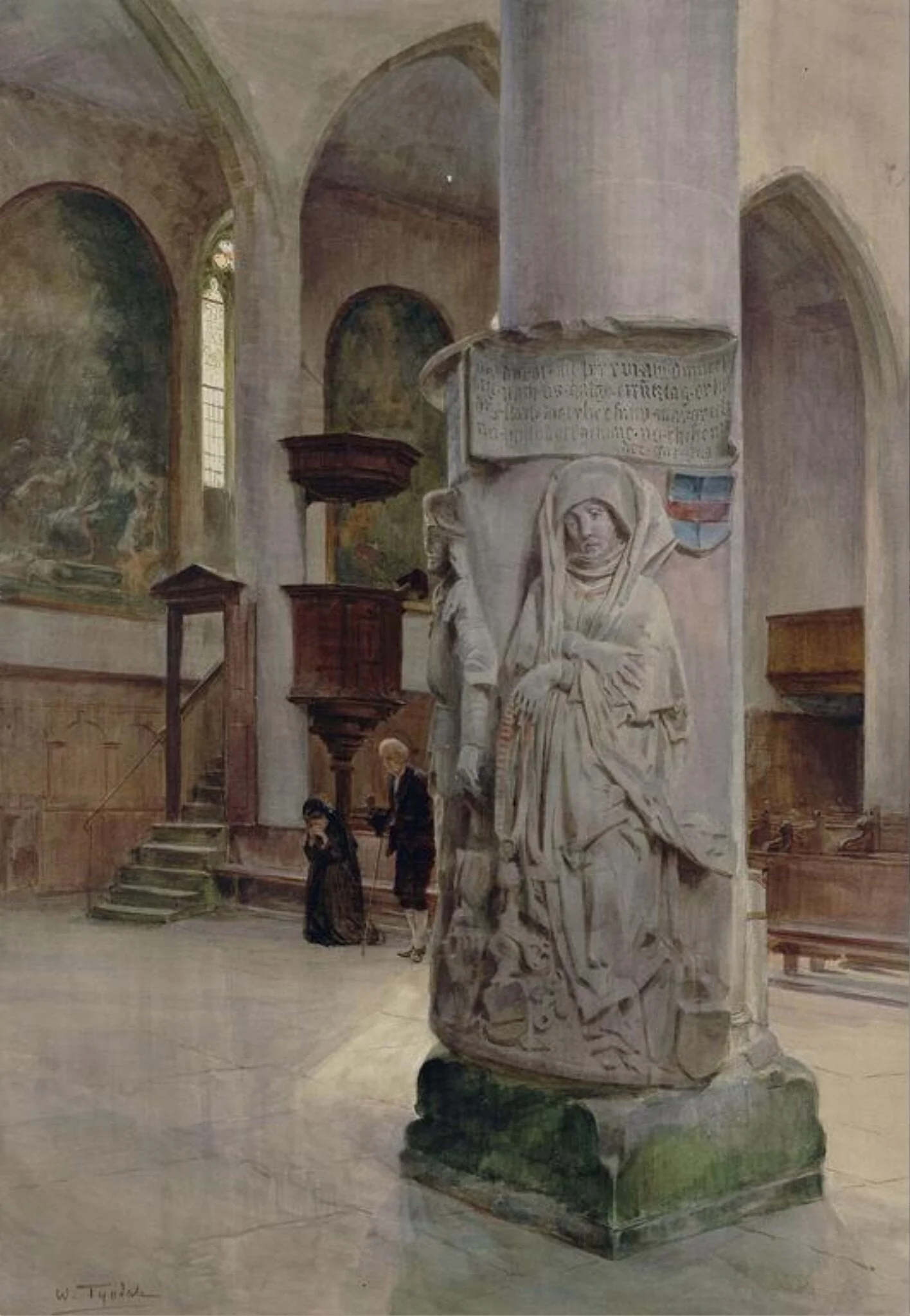Interior of the Franciscan Church at Rotenburg, with the Tomb of Hans and Margarethe von Beulnsdorf, by Tyndale, watercolor, 1875