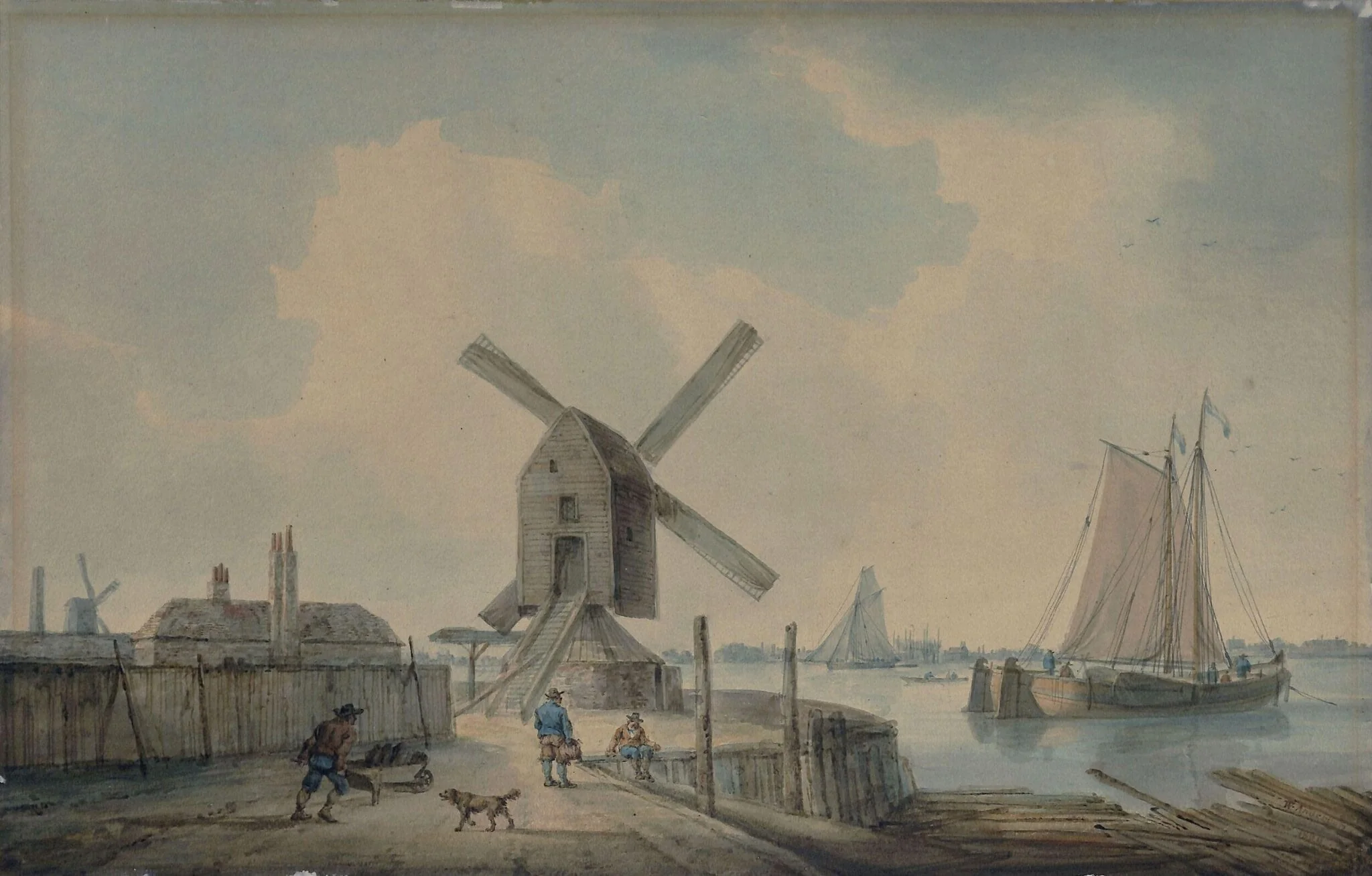 A Shore Scene with Windmills and Shipping