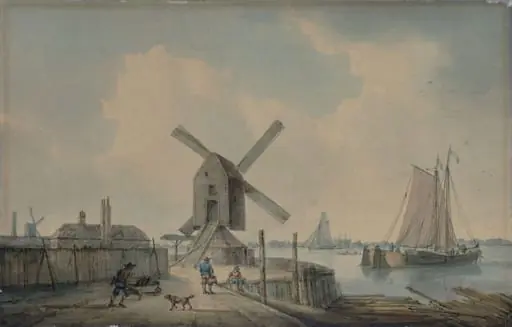 A Shore Scene with Windmills and Shipping
